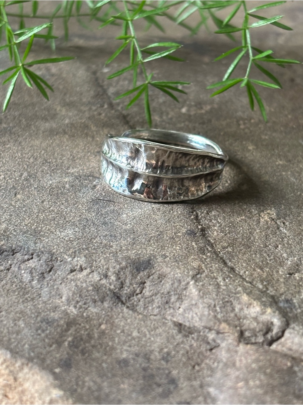 Sterling Silver Oxidized Leaf Ring - Size Adjustable
